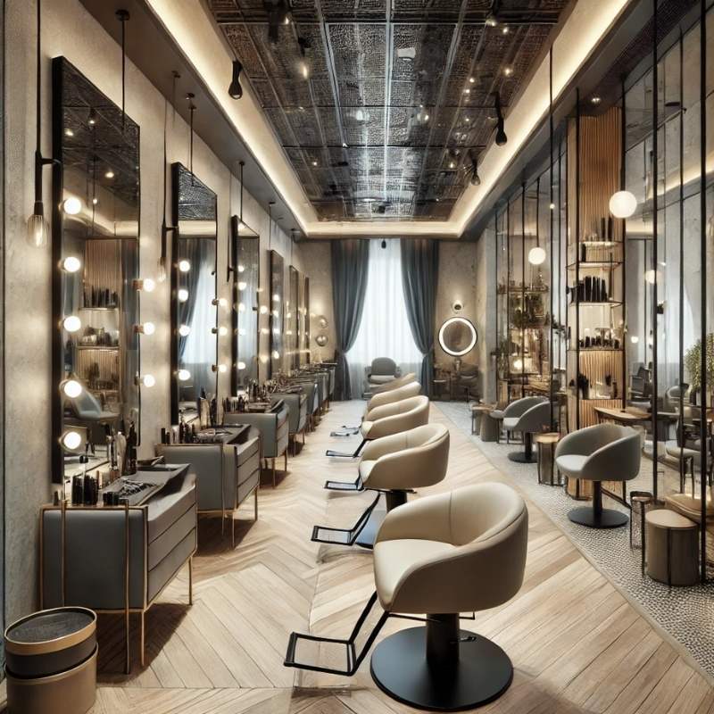 Modern ve şık kuaför salon dekorasyon örnekleri, minimalist ve lüks detaylarla donatılmış salon iç mekanı