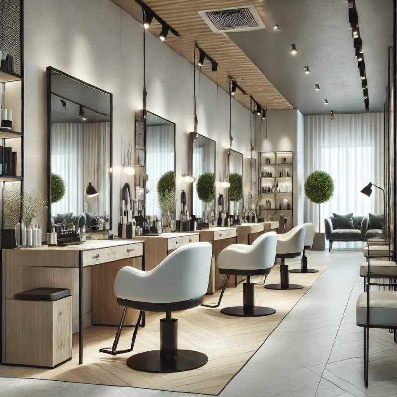 Küçük kuaför salonları için modern dekorasyon fikirleri, minimalist oturma alanları ve şık aydınlatmalarla donatılmış küçük salon iç tasarımı