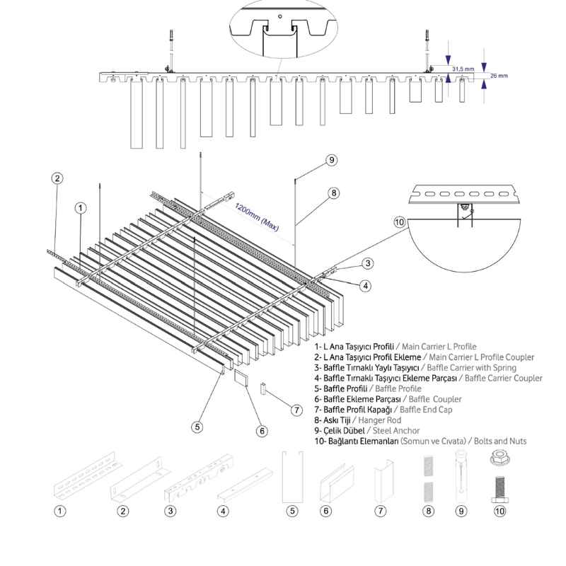 Baffle asma tavan malzemeleri teknik çizimi; taşıyıcı profiller, bağlantı elemanları ve montaj detaylarını içerir.