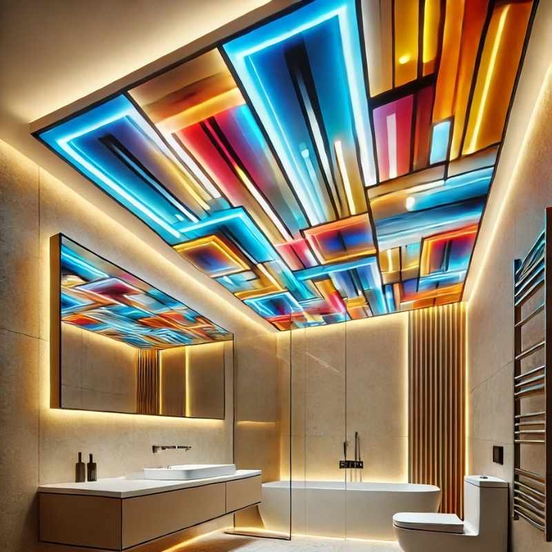 Canlı renklerle tasarlanmış modern banyo tavan modelleri, LED ışıklandırmalı ve şık tasarıma sahip tavan dekorasyonu örneği.